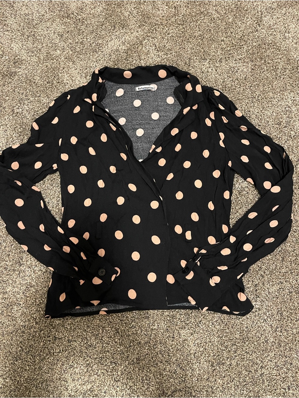 Reformation Black Blouse with Blush Polka Dots